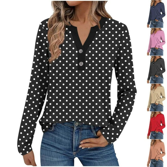Feancey Henley Shirts for Women Long Sleeve V Neck Button Up Blouses Dressy Trendy Polka Dot Print Tops Fall Casual Work Tees Black L
