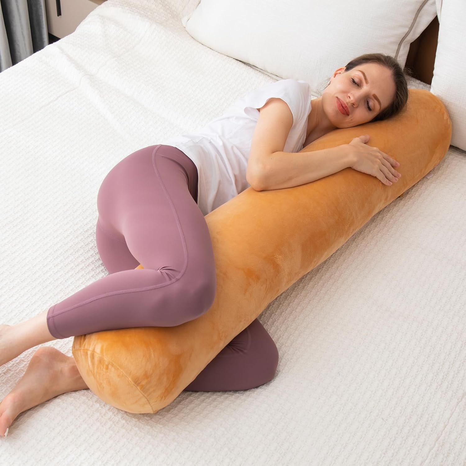 Bolster Pillow for Bed, Long Round Body Pillow for Adults with Removable Velvet Cover, Decorative Tube Roll Cylinder Pillow,