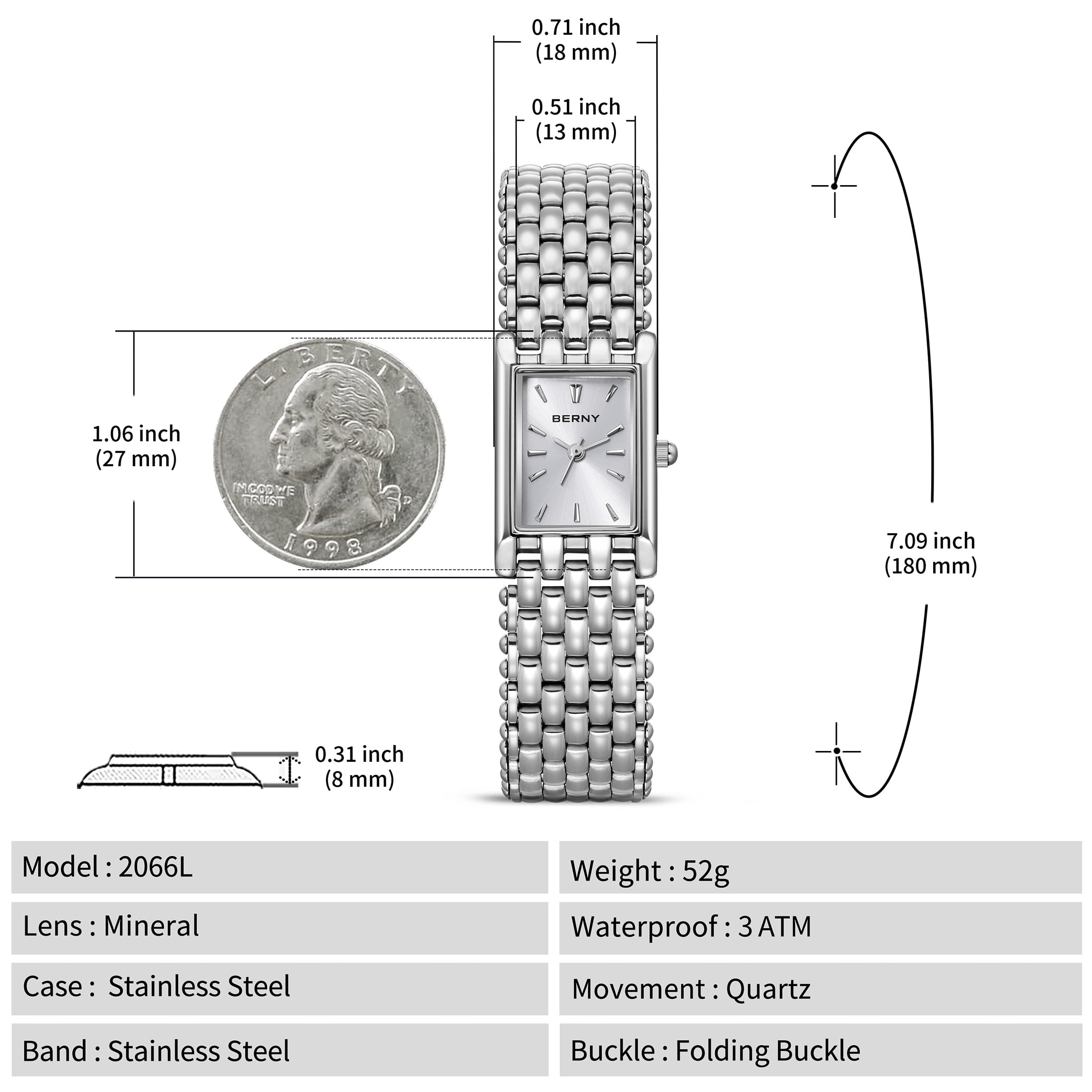 BERNY Small Silver Watches for Women, Dainty Rectangular Women Watch with Stainless Steel Bracelet Band, Japanese Quartz Movement, 3ATM Waterproof, Classic Dress Ladies Wristwatch (Silver)