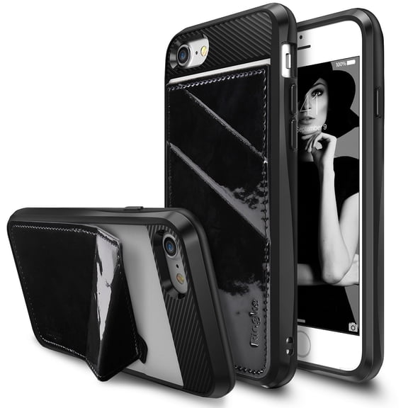 Ringke Edge Case Compatible with iPhone 7, Wallet Folding Kickstand PU Leather Cover with Hidden Card Holder - Black Enamel