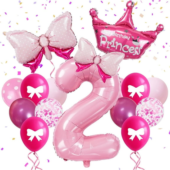 32-Inch Number 1-9 Balloon Set with Bows & Crown - Pink princess birthday party decorations for Girls, crown balloons, princess balloons, suitable for birthday decorations (10)