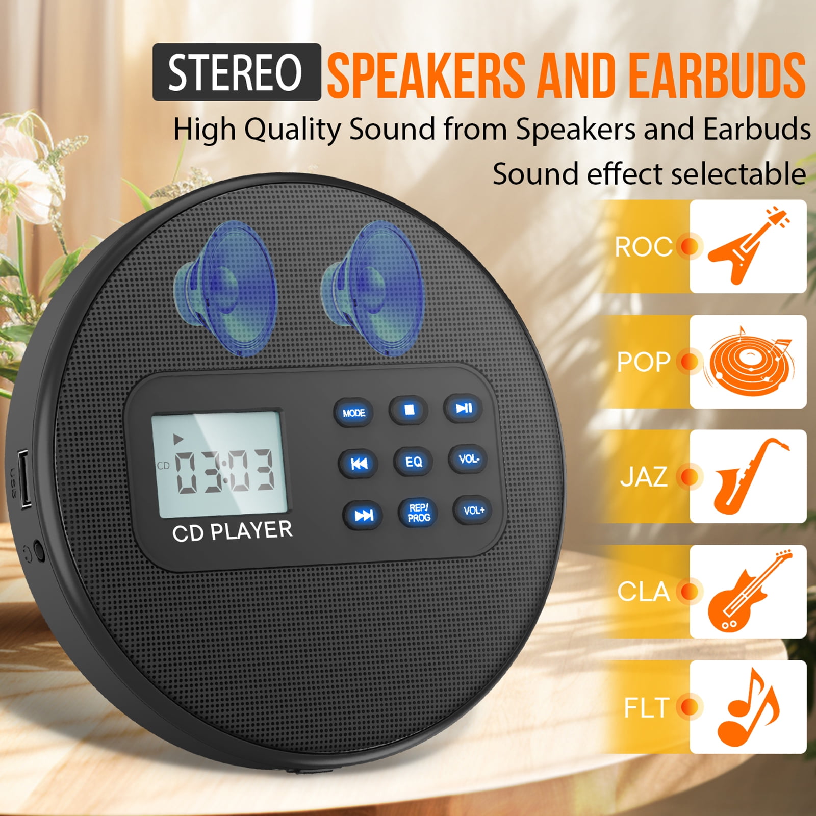 Portable CD Player for car: Rechargeable Discman Player with Stereo Speakers and Anti-Skip Protection with Headphones LCD Display with Backlight