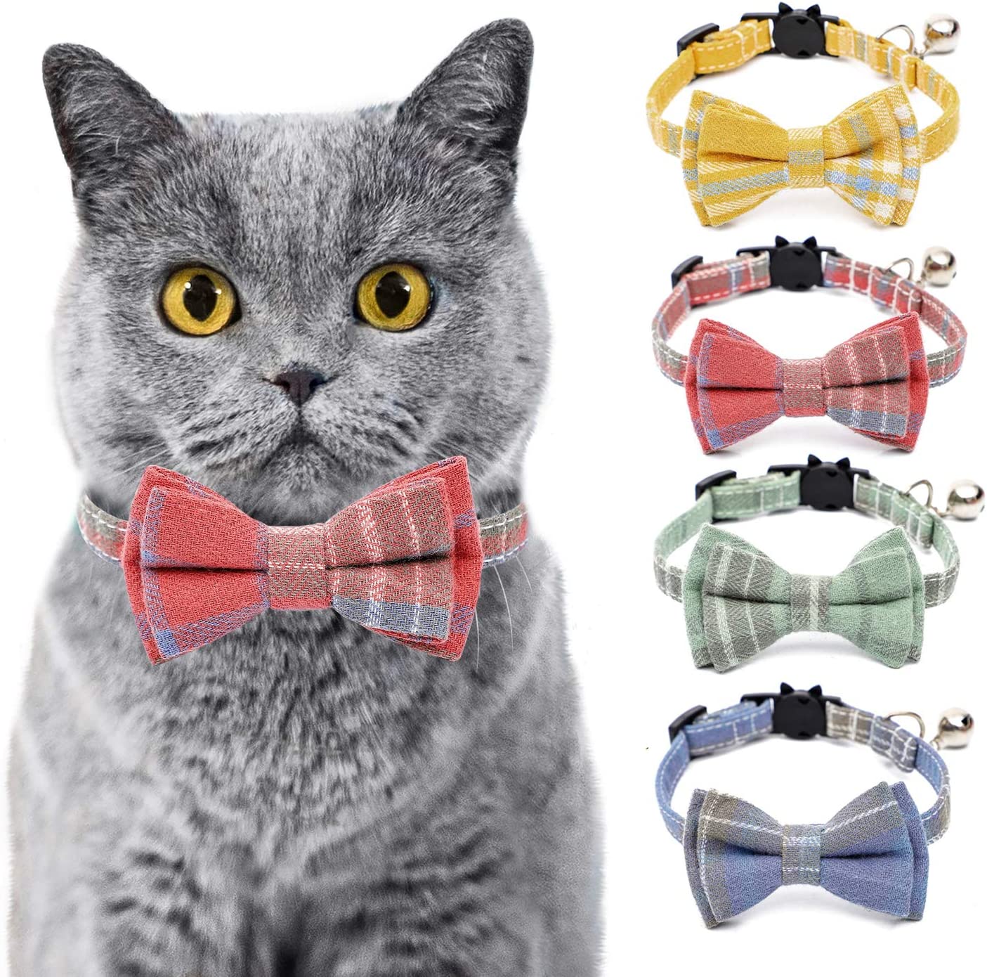 Cotton Adjustable Cat Collar with Cute Bow Tie Removable Plaid Pattern