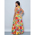 thumbnail image 2 of Womens Red Allover Tropical Floral Print Halter Neck Maxi Dress With Self-Tie Belt, Flowing Vacation Style, 2 of 8