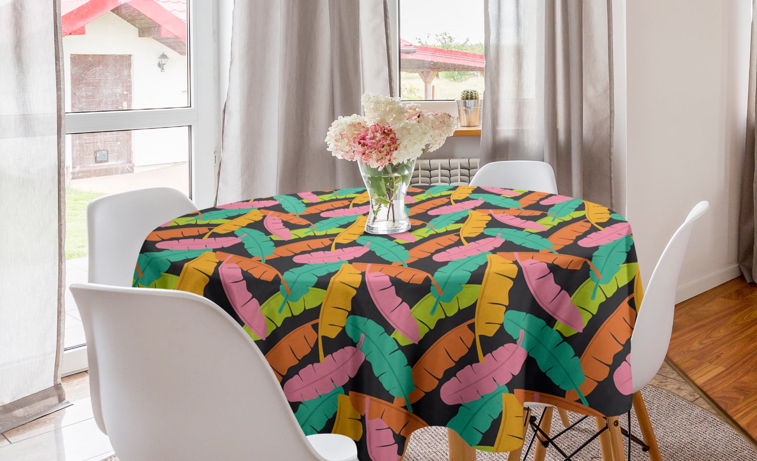 Tropical Round Tablecloth, Banana Leaves in Different Colors on Dark