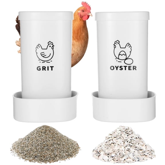 2 Pack Automatic Hanging Chicken Feeder with Grit & Oyster Shell Compartments, 7.68 Inch High Capacity Poultry Feeder, Durable Plastic Trough for Chicken Coop