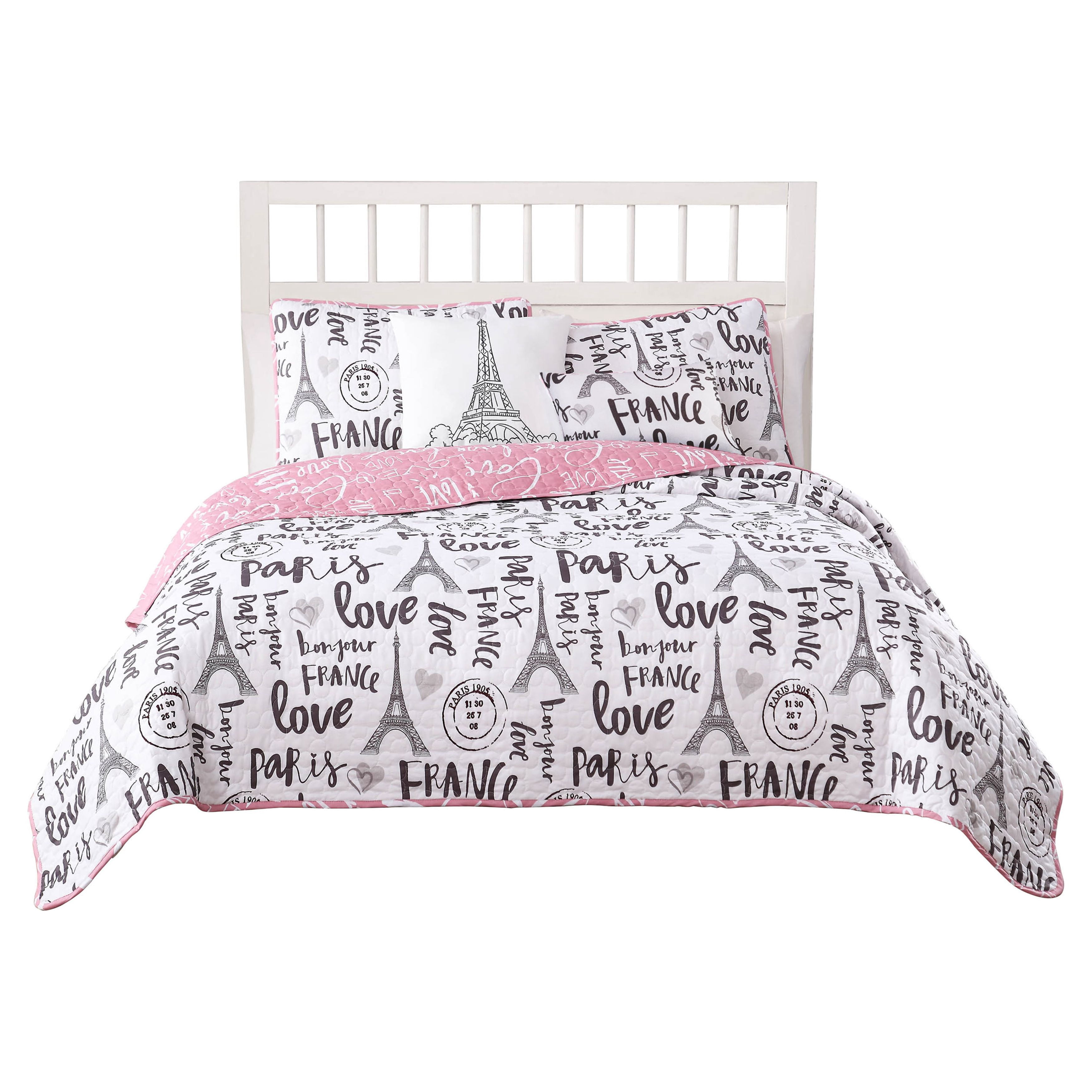 Bedding 4-piece Reversible Quilt Set, Pink/White/Black, Twin, Bonjour by Quaint Home