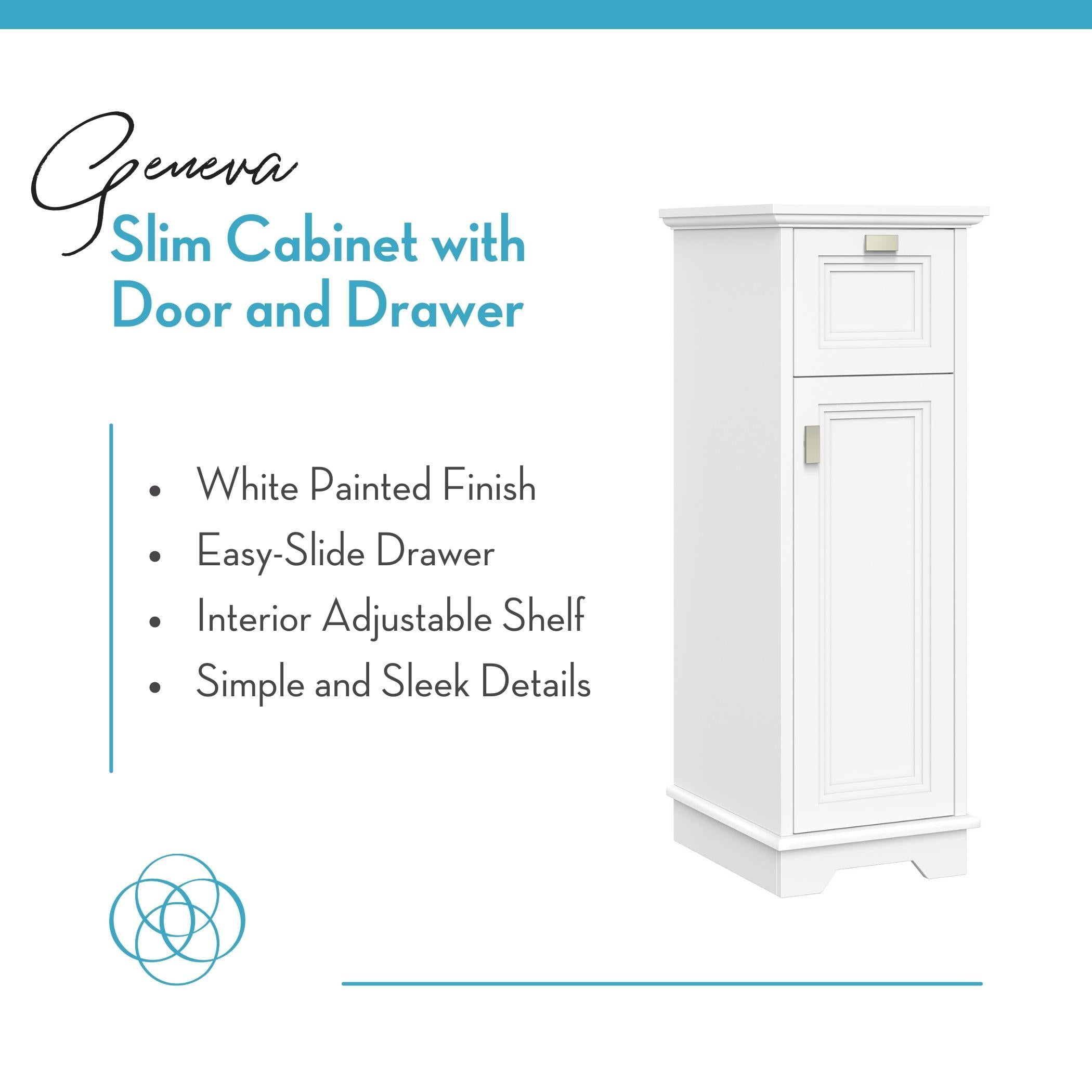 RiverRidge Geneva Single Door Narrow Bathroom and Laundry Storage Cabinet with Drawer and Adjustable Shelf - White