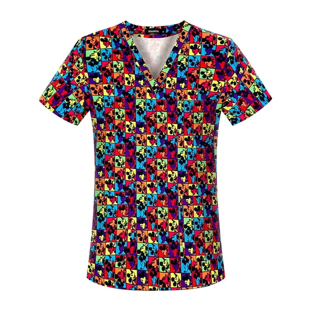 Ropa de algodón transpirable con estampado de dibujos animados, ropa de cuello en V con cepillo para manos, ropa de enfermera para mujer, ropa de trabajo para quirófano de manga corta para hombre