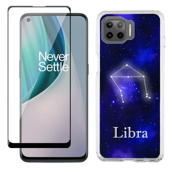 Slim-Fit Protective Phone Case compatible with Motorola Moto One 5G UW, with Tempered Glass Screen Protector, by OneToughShield ® - Zodiac / Libra