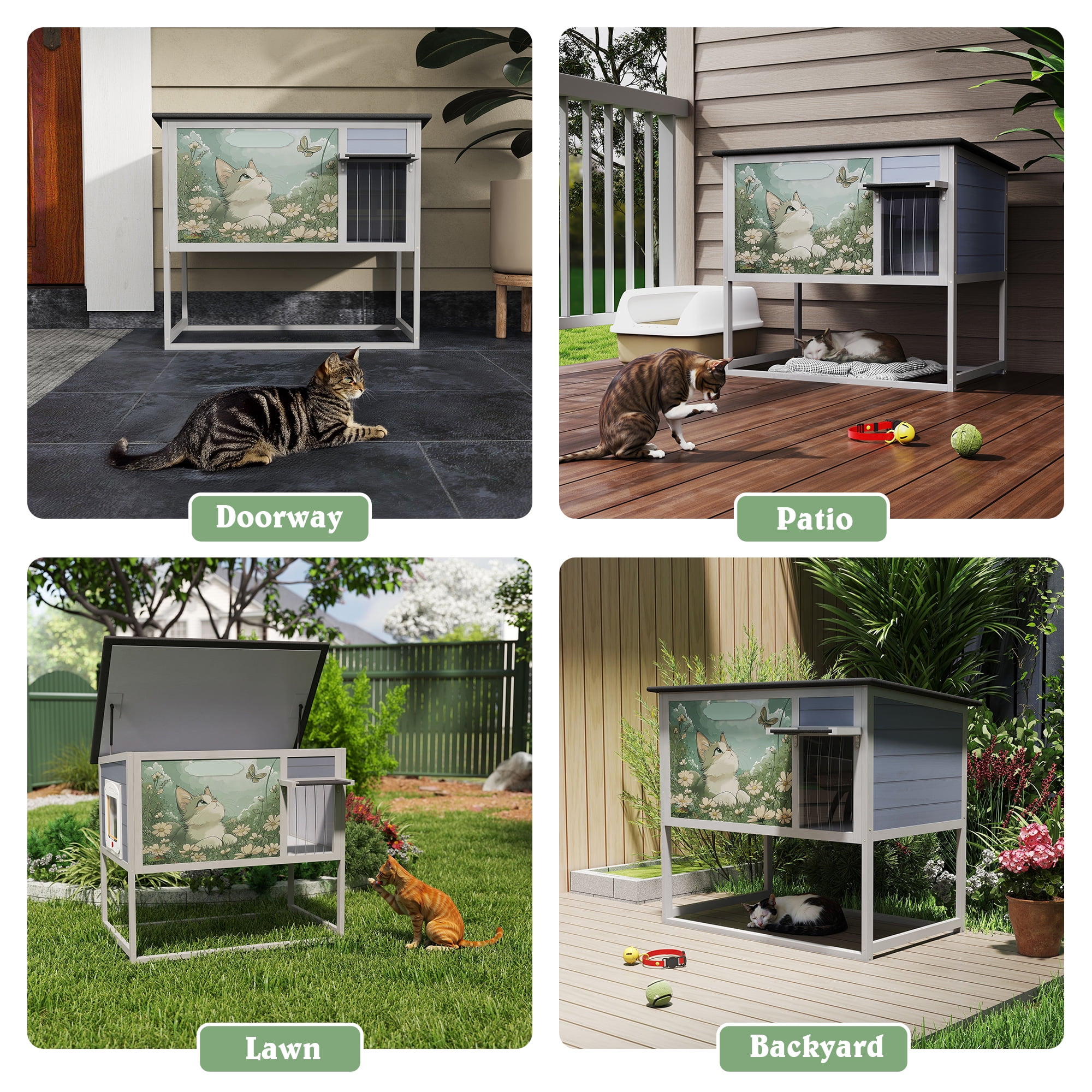 Outdoor Cat House, Wood Cat Enclosure with Elevated Leg Frame, Openable Roof, Curtained Door, Escape Door, Weatherproof Pet Condo for Feral Cats, Gray