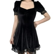 YM YOUMU Women Lace Velvet Short Puff Sleeves Gothic Mini Dress Black