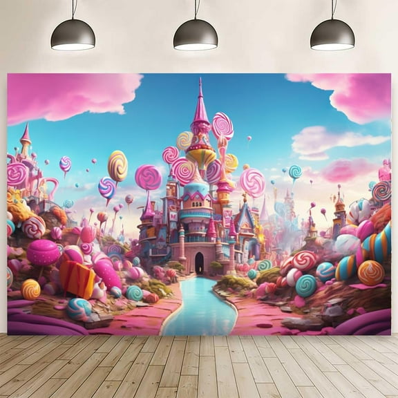 Candyland Backdrop Fantasy Sweet Candy Castle Background Photography for Girls Colorful Lollipop Pink Clouds Princess Birthday Party Decorations Banner Photo Booth Props