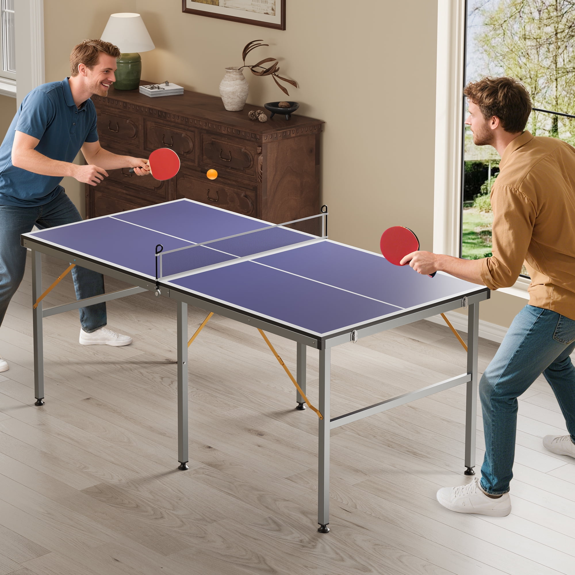 Ping Pong Table Foldable Table Tennis Table with Net, Table Tennis Paddles and Balls, 6x3FT Multi-Use Family Game Table for Kids Teenager Adult, Compact & Portable