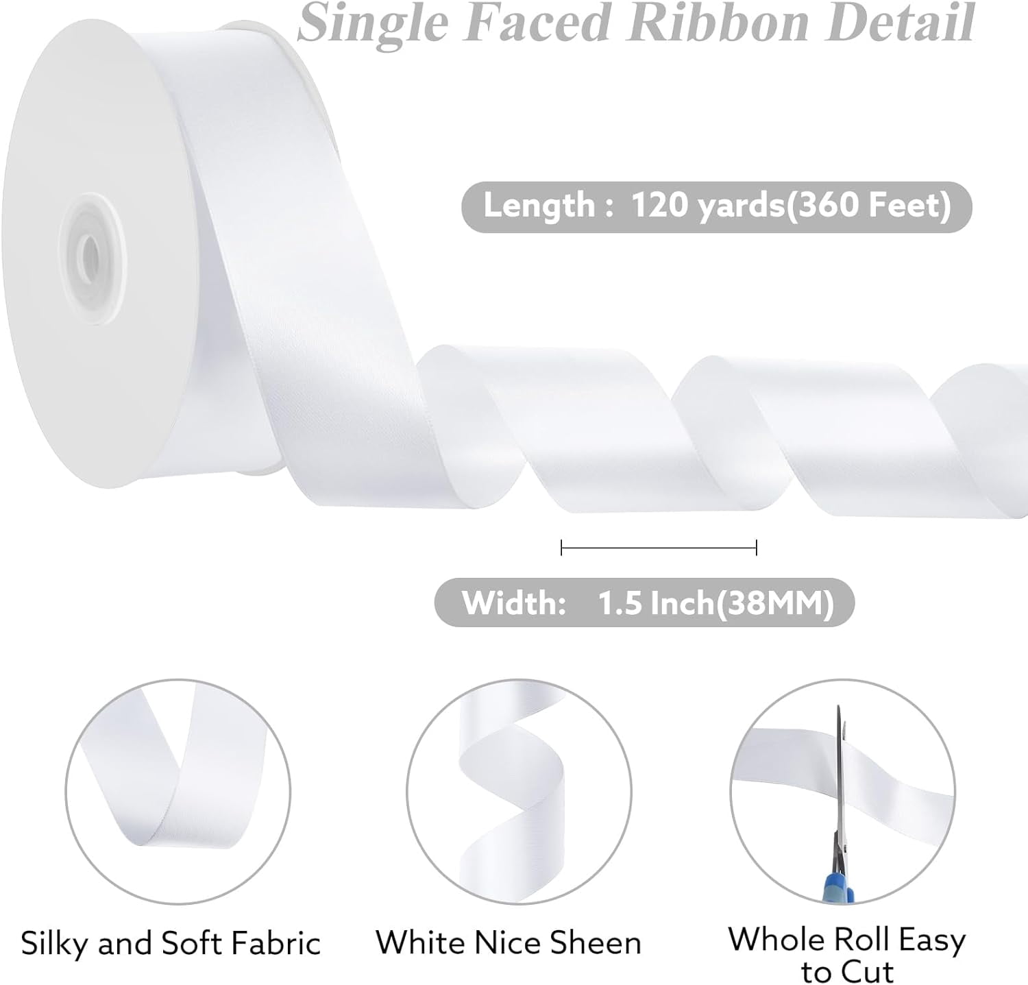 120 Yards White Ribbon 1-1/2 inch Wedding Decor Satin for Flower Floral Bouquet Chair Cheer Bows Making Gift Wrapping Bedroom Bridal Shower Sash