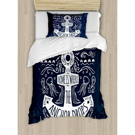 Dark Blue Bedding Anchor Duvet Cover Set, Hand Drawn Hipster Label with an Anchor and Lettering on Grunge Background, Decorative Bedding Set with Pillow Shams, Dark Blue White, by Ambesonne ()
