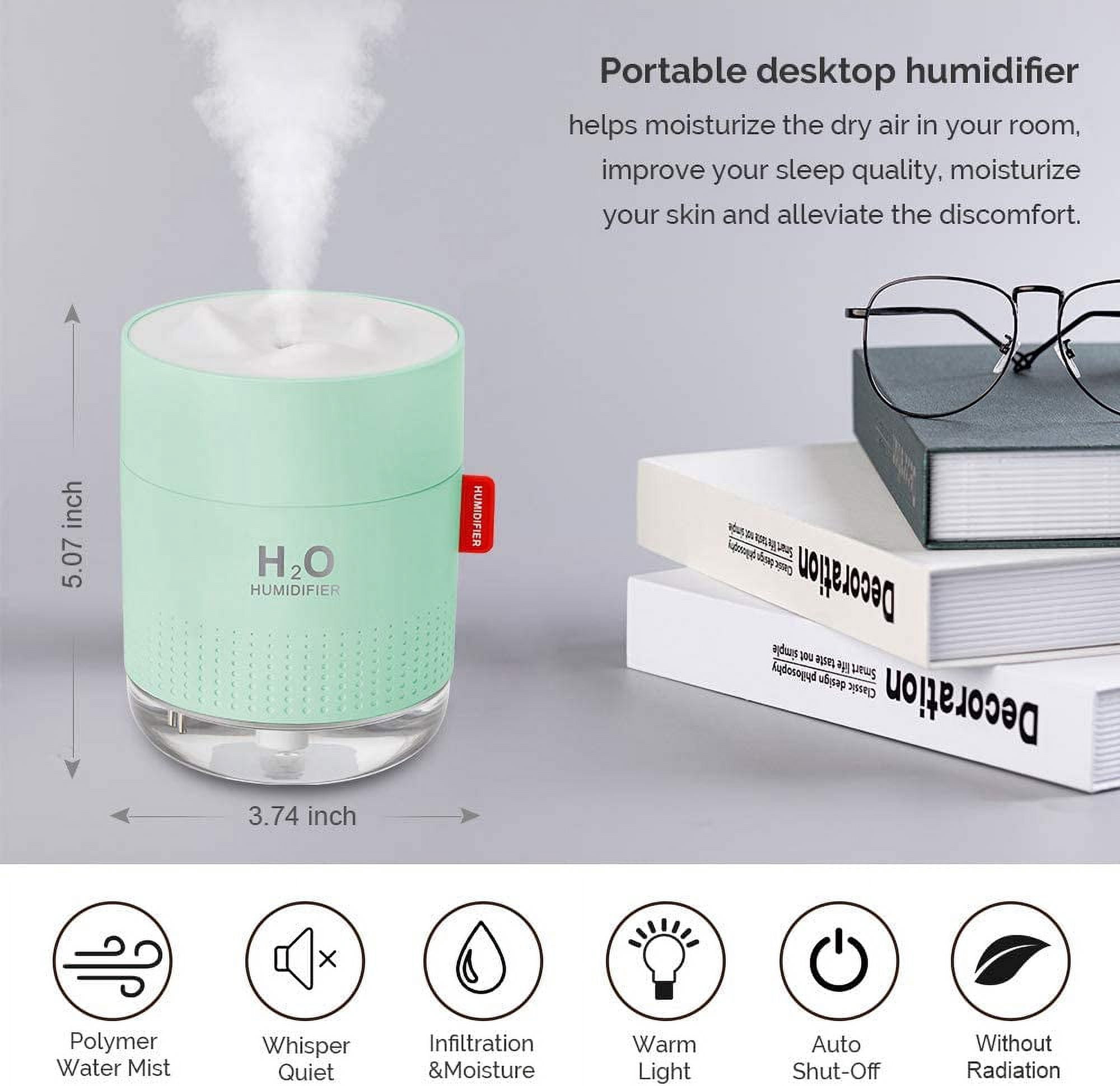 Green Portable Mini Humidifier, 500ml Small Cool Mist USB Desktop Humidifier for Baby Bedroom, Travel, Office, Home - Auto Shut-Off, 2 Mist Modes, Super Quiet