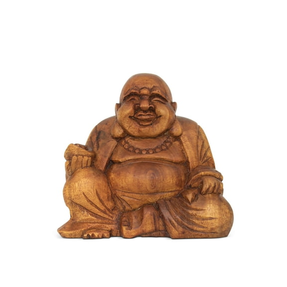 G6 Collection 4.5" Wooden Mini Laughing Happy Buddha Statue Hand Carved Smiling Sitting Sculpture Handmade Figurine Decorative Home Decor Handcrafted Art Decoration