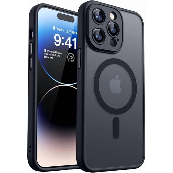 Magnetic Translucent Matte Case for iPhone 14 Pro, Full Camera Protection & Shockproof - Black