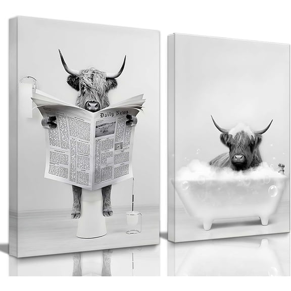 Highland Cow Bathroom Wall Art Set of 2 Funny Cow Canvas Prints, Farmhouse Animal Pictures Wall Decor for Bathroom, Toilet Rustic Farm Style Painting Poster, Ready to Hang 12x16Inches