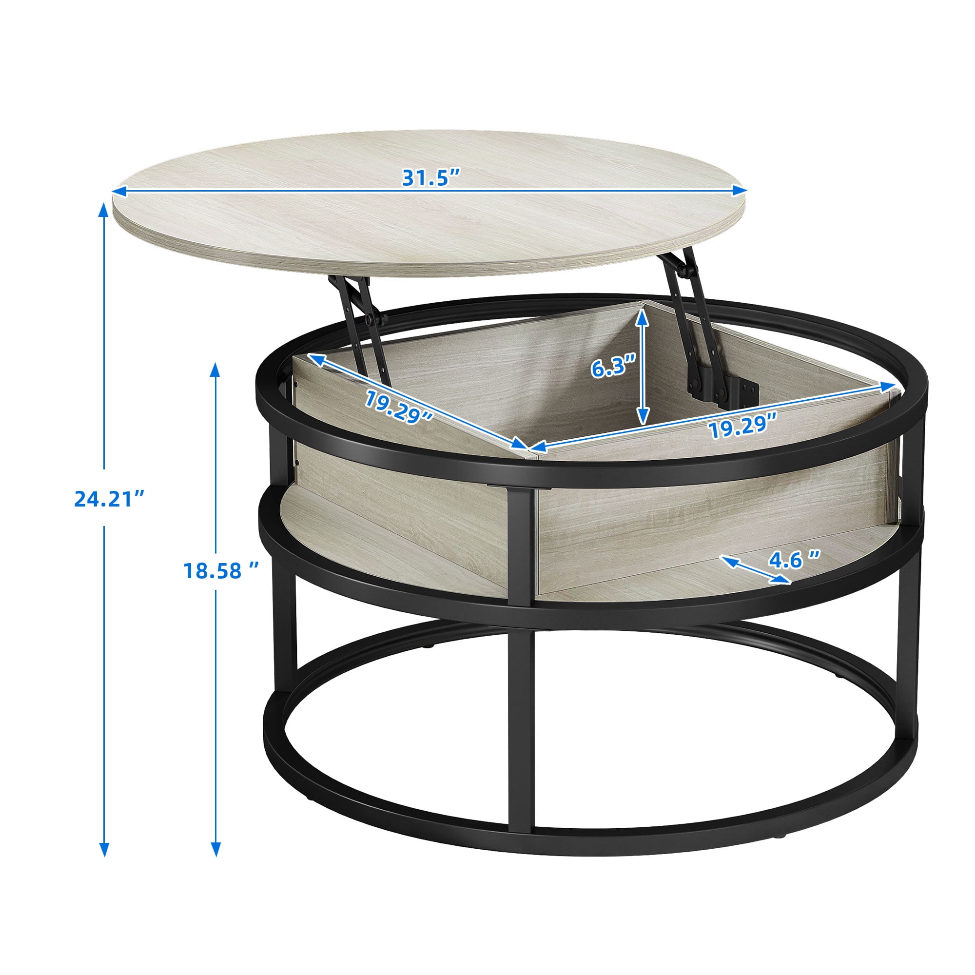Dextrus Modern Lift Top Round Particle Board Coffee Table, White Oak