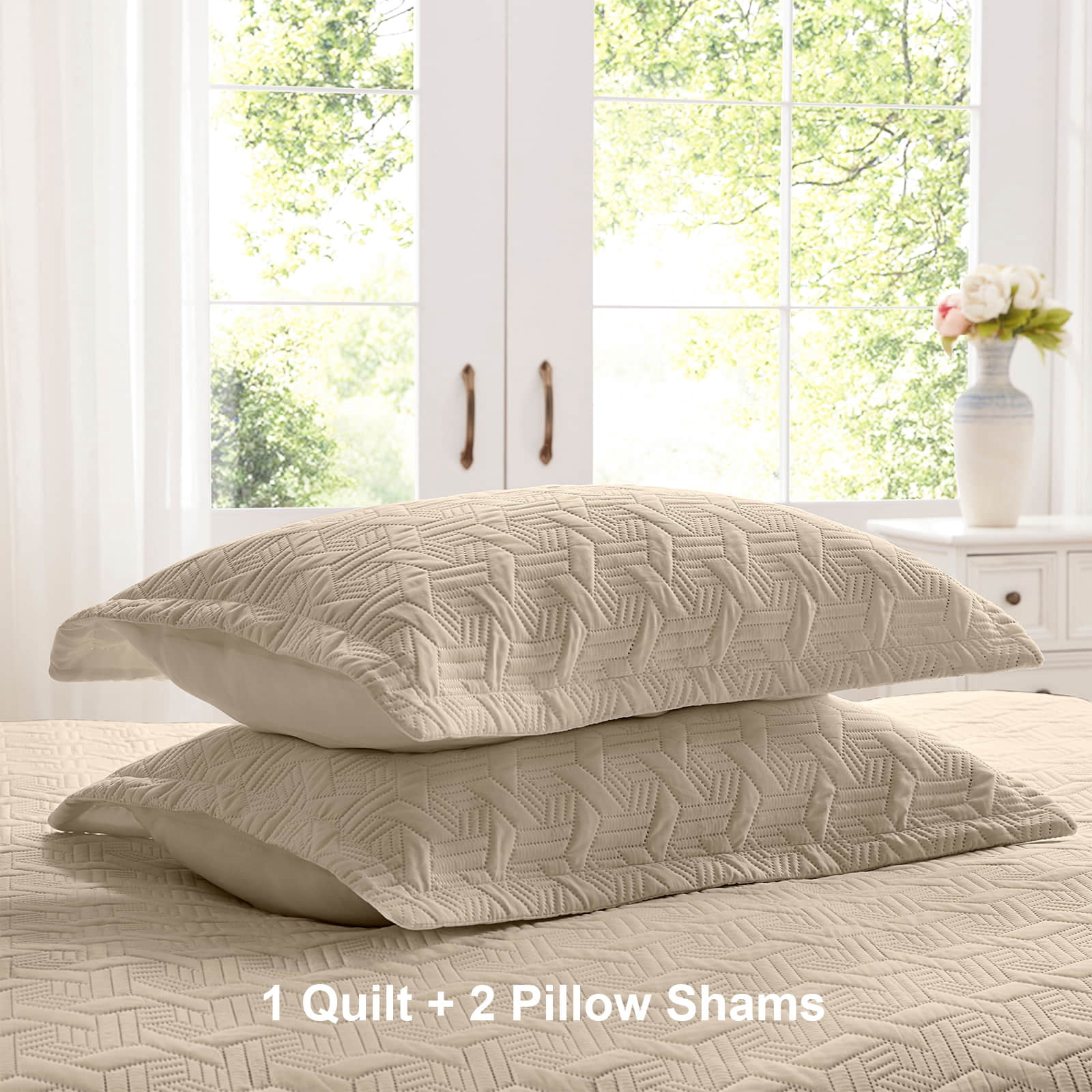 Quilt Set King Size 3 Pieces, Lightweight Beige Bedspread-98''x106'', Soft Microfiber Summer Quilt/Coverlet,Luxurious Warm Bedding Sets for All Seasons (Includes 1 Quilt, 2 Shams)