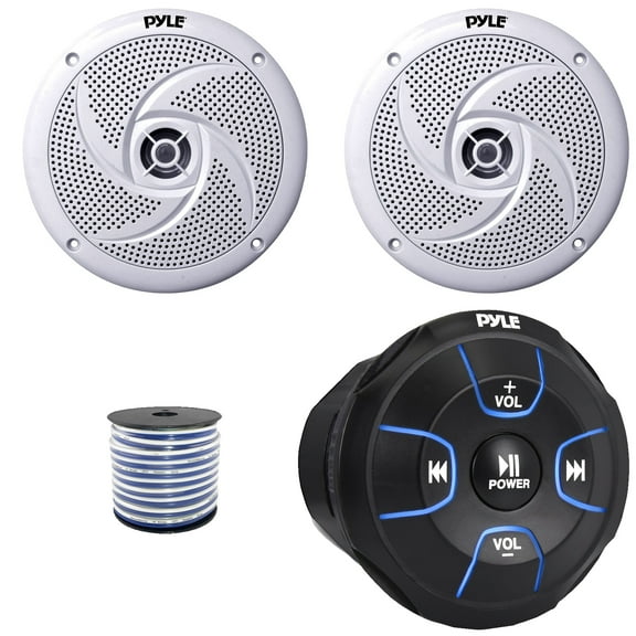 Pyle PLMRBT18 Bluetooth Audio Amplified Marine Waterproof Controller, Pyle PLMRS8W 8'' 320 Watts Max Power Low Profile 2-Way Boat White Speakers (1 Pair), 50 Feet 18 Gauge Speaker Wire