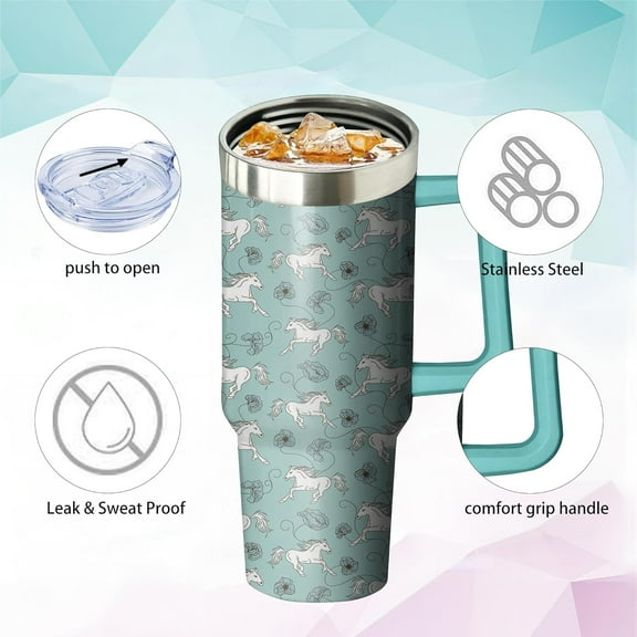 40oz Horse Stainless Steel Tumbler with Handle and Straw, Insulated Cup Travel Coffee Mug Water Bottle with Lid and Straw, Animal Lovers Women Gifts