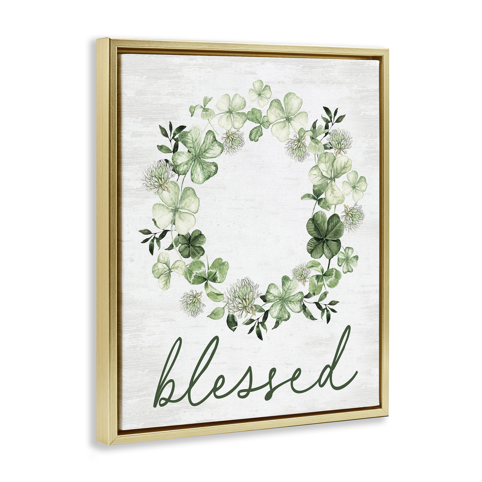 Stupell Industries Blessed Clover Wreath Botanical & Floral Painting Gold Floater Framed Canvas Art Print Wall Art, 25 x 31