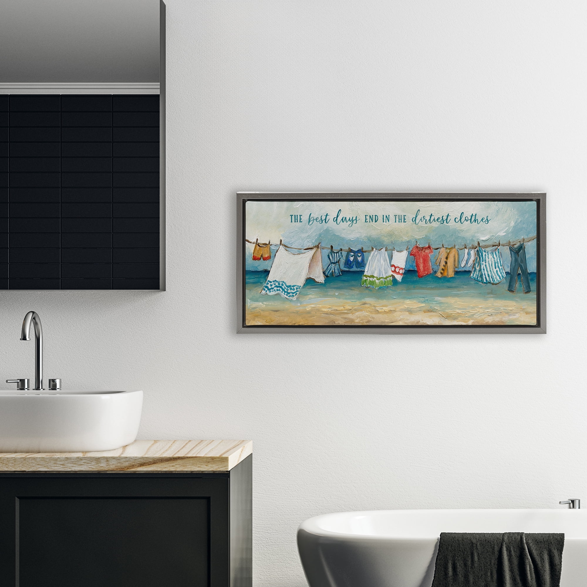 Stupell Industries Clothesline By The Sea Gray Framed Floater Canvas Wall Art, design by Charlene Olson