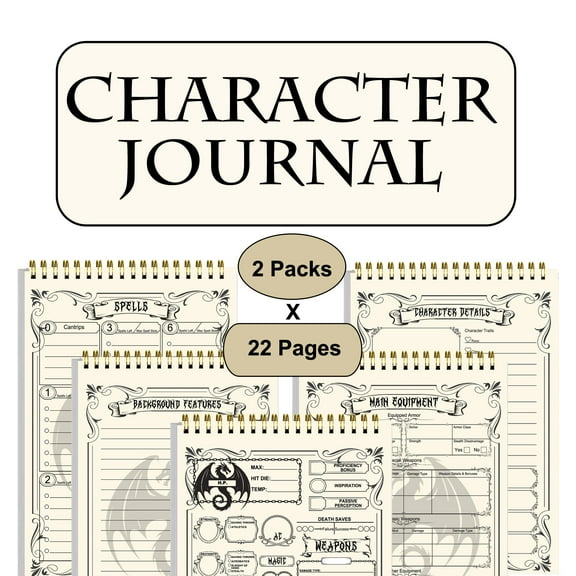 Two 22-Page Character Journals,2-Pack Notepad With Character Sheets and Session Log, For Campaign Role Playing Games