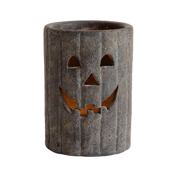 MInHoues Halloween Terracotta Jack-O'-Lantern Candle Holder,7.25" Gray Hollow Jack Face Resin Pumpkin Candlestick ,Mantel Farmhouse Fall Halloween Home Decor Ornament