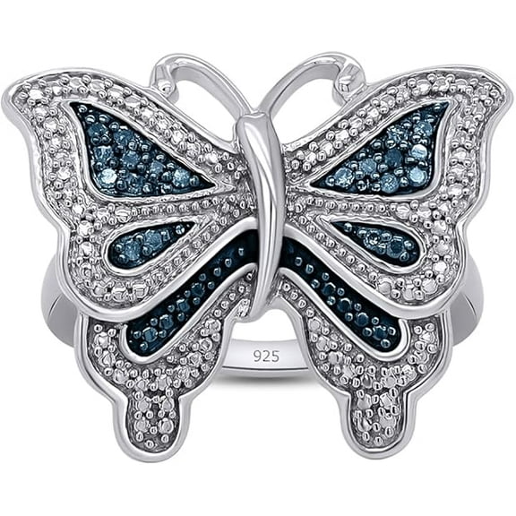 Gems Jewels 14K White Gold Plated 2.00 Ct Round Cut London Blue Topaz Wedding Engagement Butterfly Ring 925 Sterling Silver For Women's -10