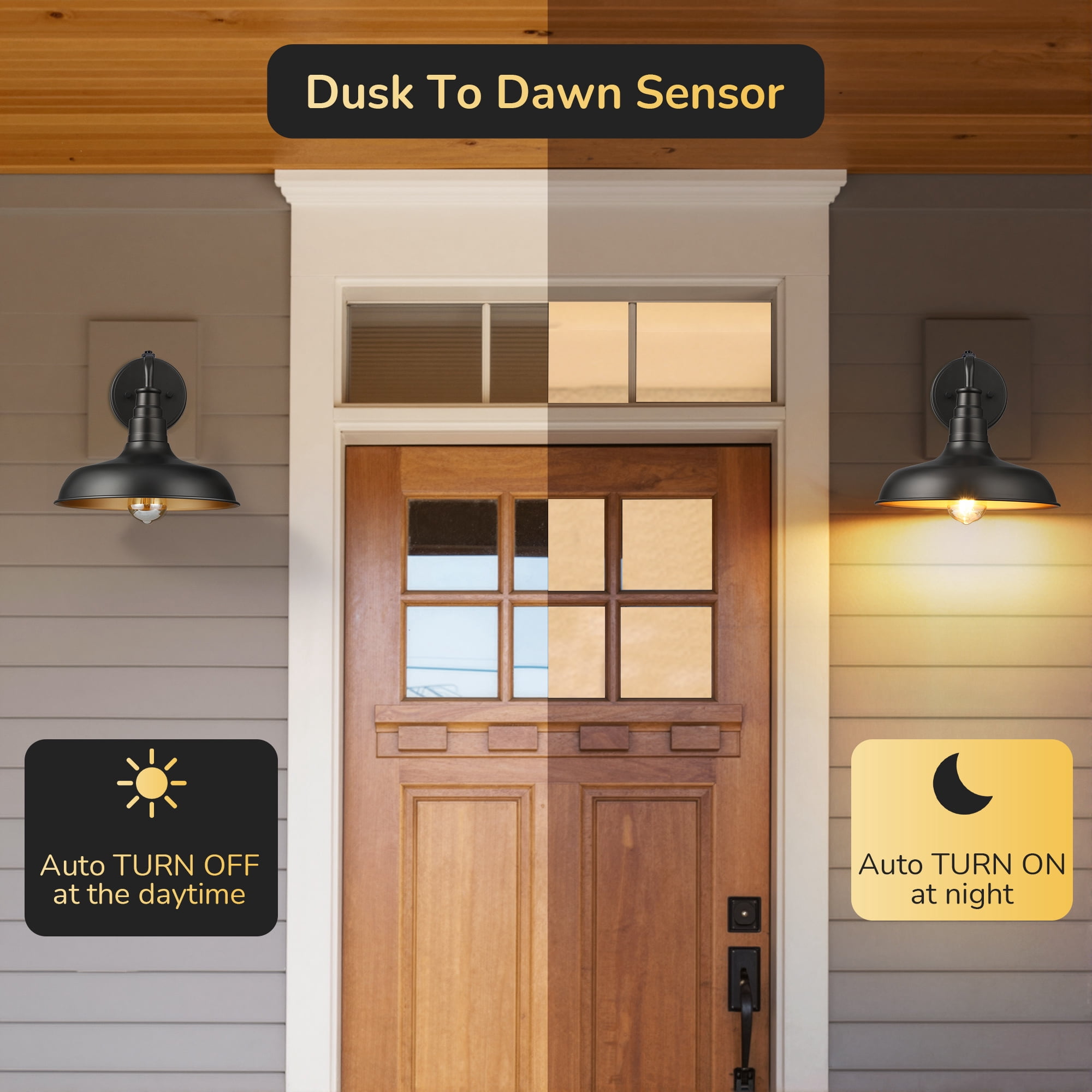 EDISHINE Dusk to Dawn Outdoor Barn Light, Gooseneck Wall Sconce E26, Hardwired Weatherproof Exterior Fixture for Porch Garage Patio Entryway, Rustproof Aluminum Black (Bulbs Not Included)
