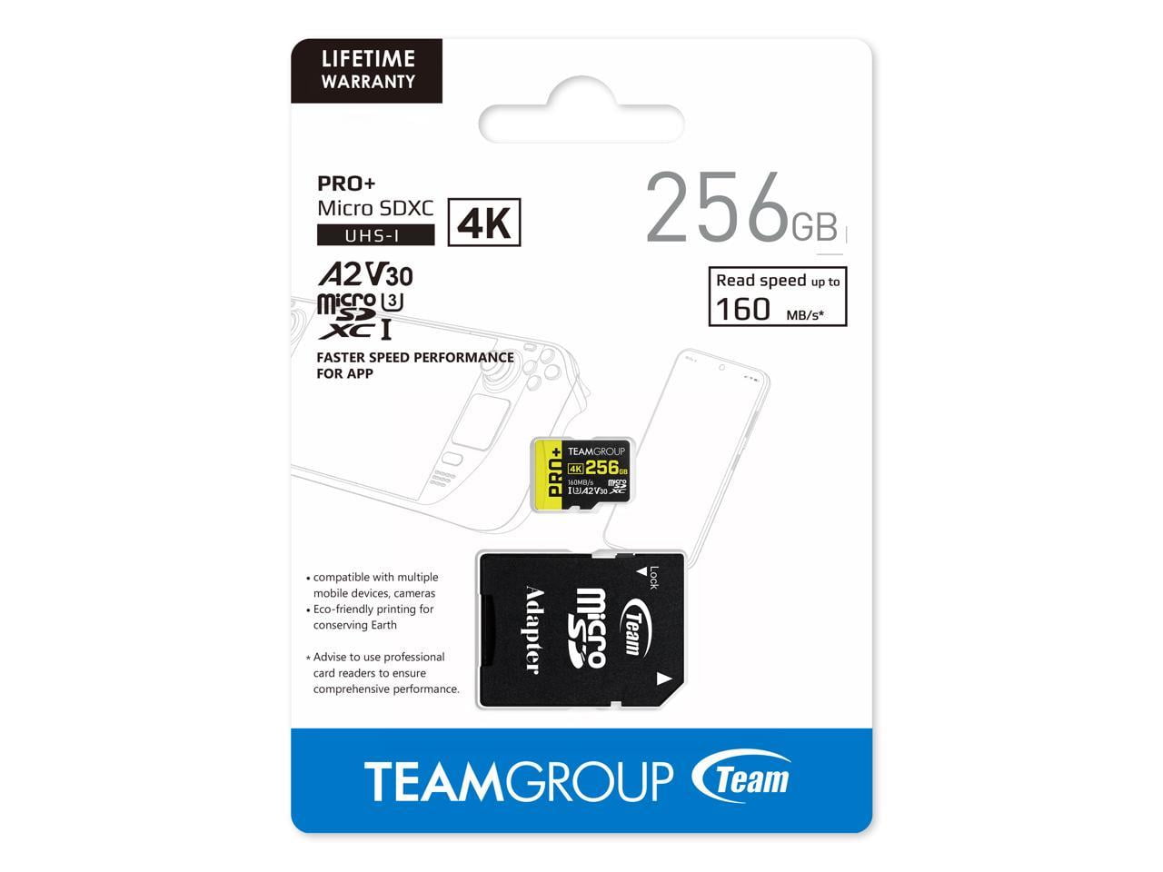 TEAMGROUP PRO+ 256GB Micro SDXC Flash Memory Card with Adapter