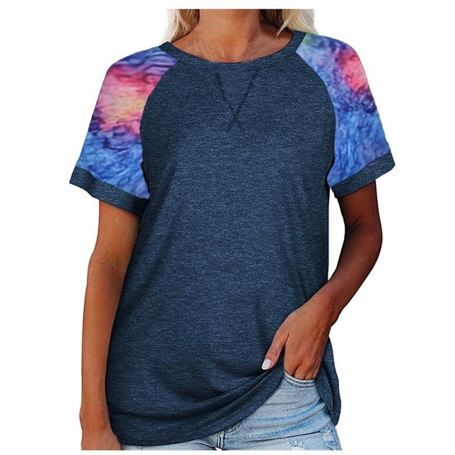 Pompotops Hauts pour Femmes Sexy Col Rond Imprimé Patchwork T-Shirt Blouse à Manches Courtes