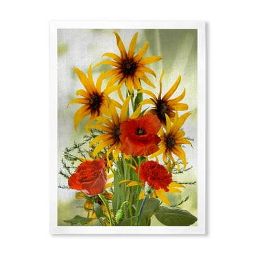 Designart 'Poppies and Sunflowers In The Wild' Traditional Framed Art Print