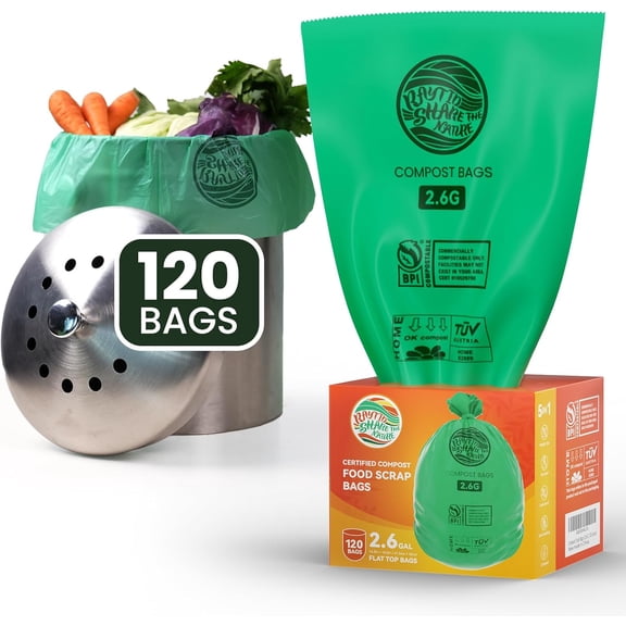 Compostable trash Bags 2.6 Gallon Compost Bags for Kitchen Countertop Bin 1.3,2,3, Gallon, 120 Count,Small Kitchen Food Scrap Waste Bags,ASTM D6400, US BPI & Europe OK Compost Home Certified