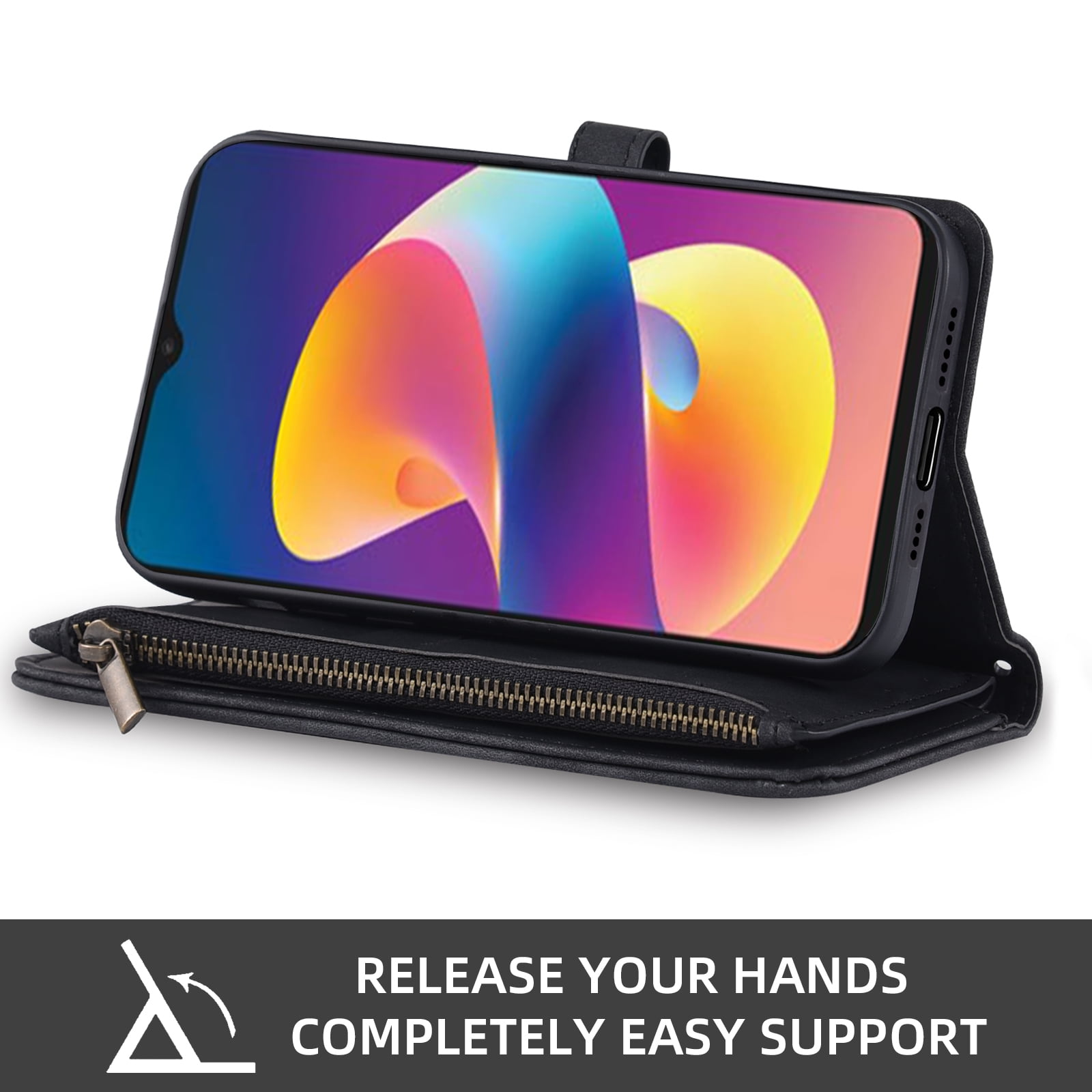Asuwish Phone Case for TCL 50 LE/K23/K24 Wallet Cover With Tempered Glass Screen Protector Crossbody Wrist Strap Flip Pattern Zipper Card Holder Cell TLC 50LE/K 24 T434D/23 T434W TCL50LE T510SP Black