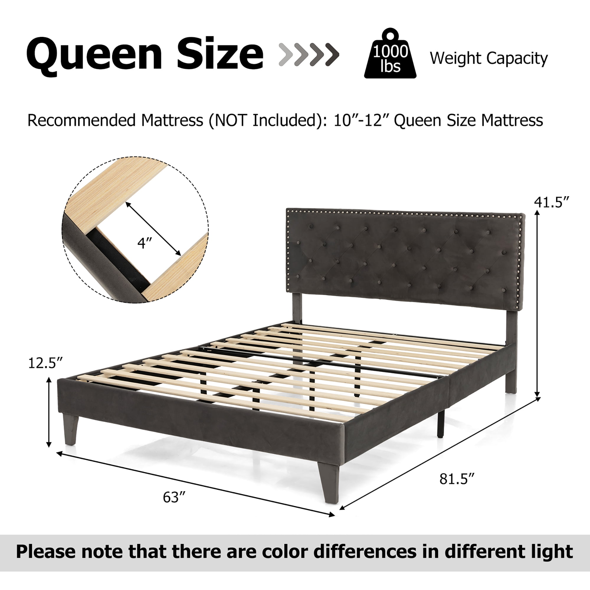 Costway Queen Bed Frame Upholstered Platform Bed with Tufted Headboard Mattress Foundation