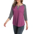 thumbnail image 3 of 3/4 Sleeve Raglan Shirts for Women Color Block Henley Blouse Button Tunic Tops(Purple Red 2XL), 3 of 5