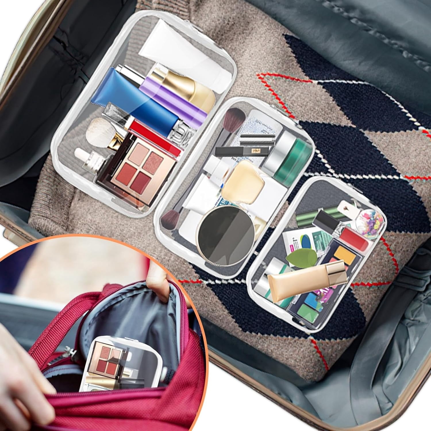 TSA Approved Toiletry Bag 3 Pack Clear Toiletry Bags - 3 Size Travel Bag for Woman, Portable Travel Makeup Cosmetic Bag for Women Men, Carry on Travel Accessories Bag（White)