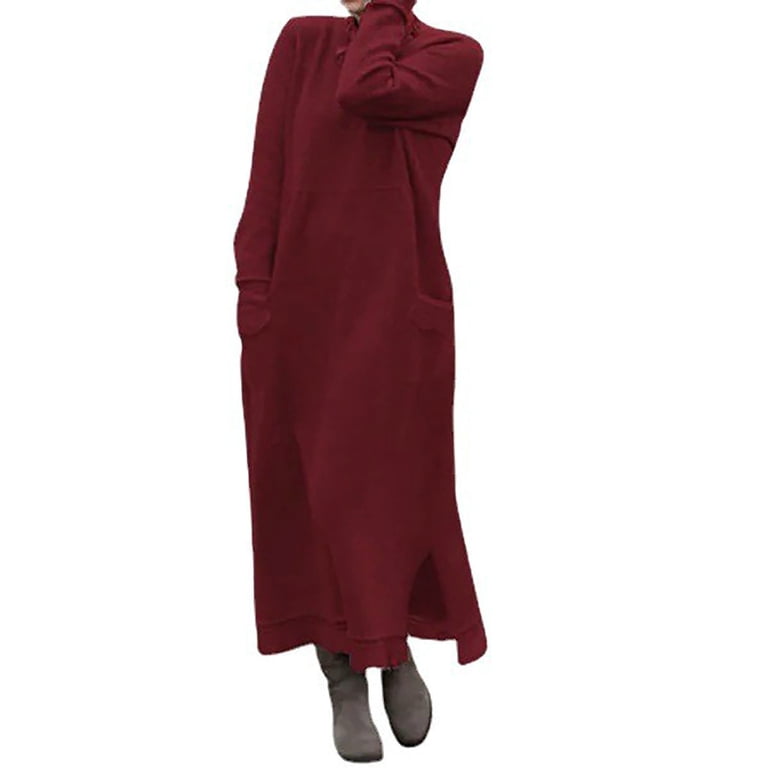 O-Neck Long Sleeve Lace Stitching Trim Pockets Fleece Lining Sweatshirt  Dress Autumn Winter Solid Color Oversized Warm Pullover Maxi Dress Daily  Clothing - Walmart.com