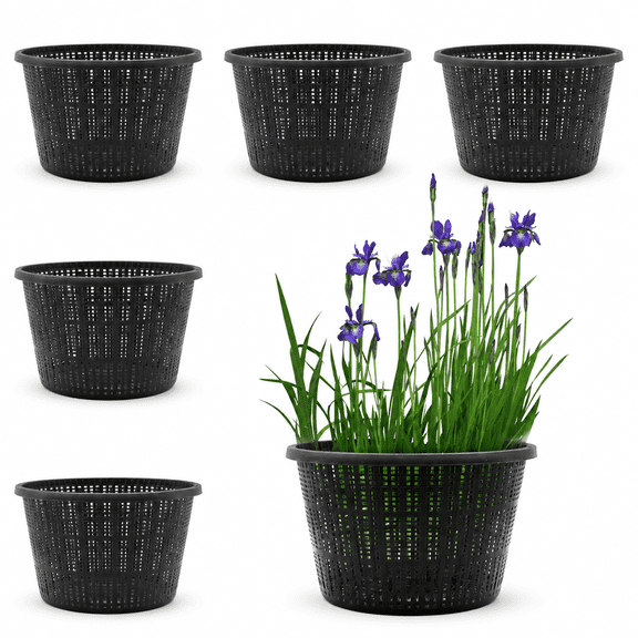 6 Pack 8.3'' Round Black Plastic Hydroponic Aquatic Plant Net Pots