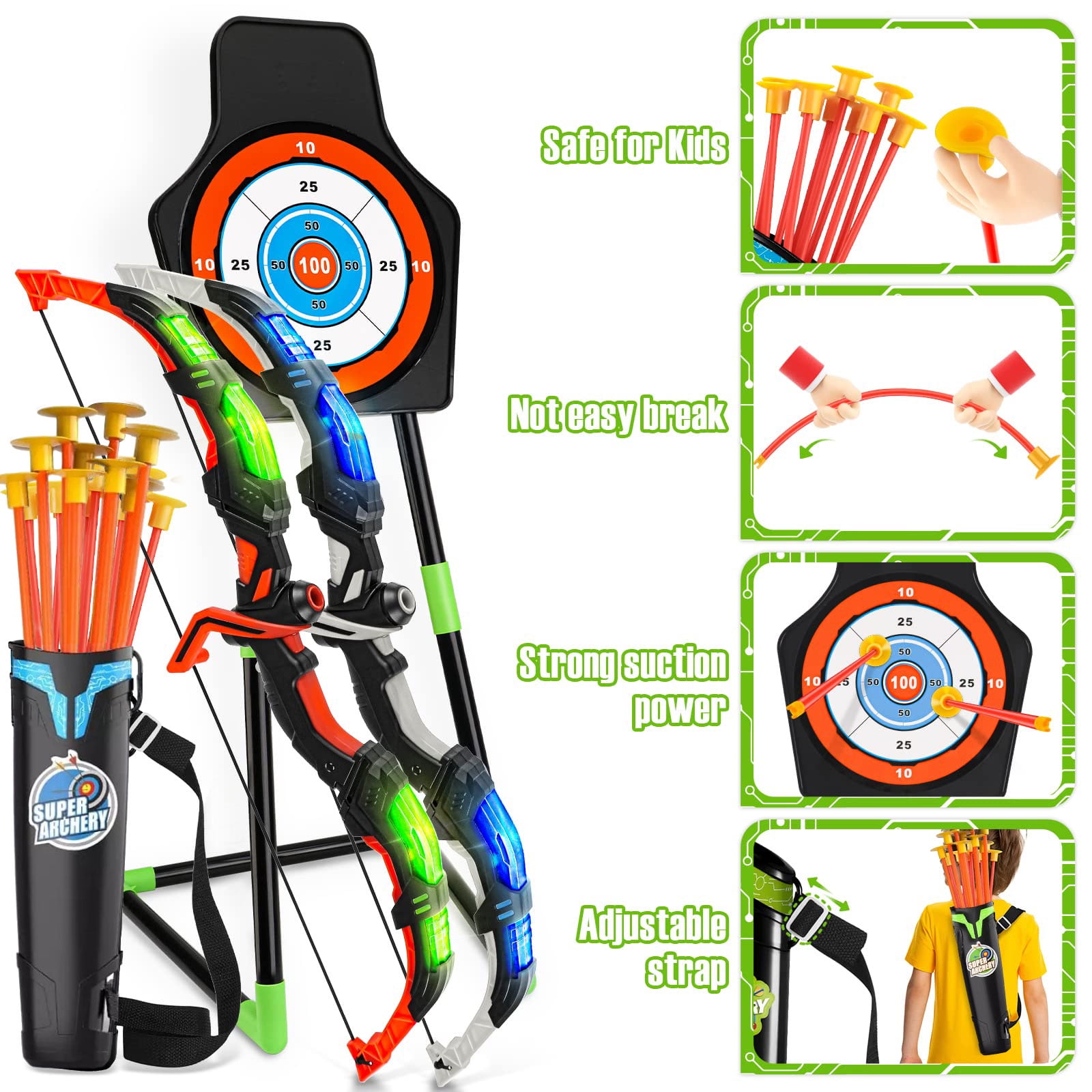JBeeCtrl Bow and Arrow Set for Kids 3-12 Years Old, Archery Toy Set for Boys with LED Lights Outdoor Toys for Kids Boys Girls