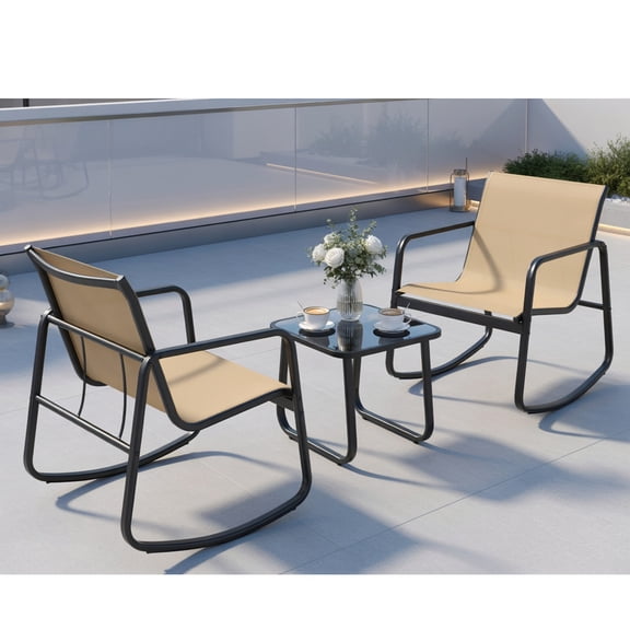 Resenkos 2-Piece Rocking Bistro Set with Tempered Glass Table – Black Metal Outdoor Chairs & Coffee Table for Porch, Balcony, Backyard