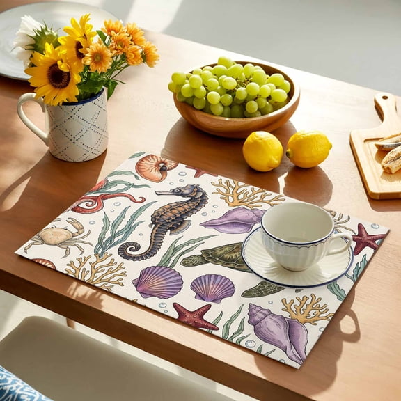 Marine Life Placemats Set of 8, Seahorse Turtle Purple Conch Seashell Crab Coral Starfish Non-Slip Place Mats Washable Table Mats for Kitchen Dining Table Decorations Indoor/Outdoor