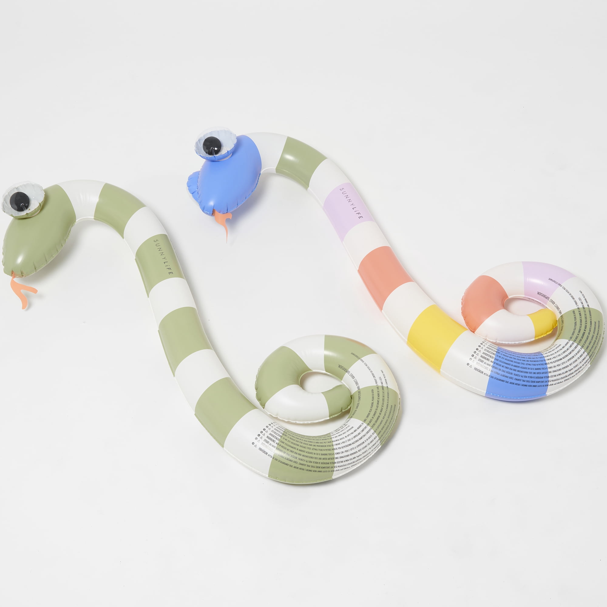 Sunnylife: Kids Inflatable Noodles - Into the Wild Snakes - 2pk Shaped Pool Floats, Water Play Toy, Lounge Ride-Ons, 3D Googly Eyes, Blue-Green-Yellow