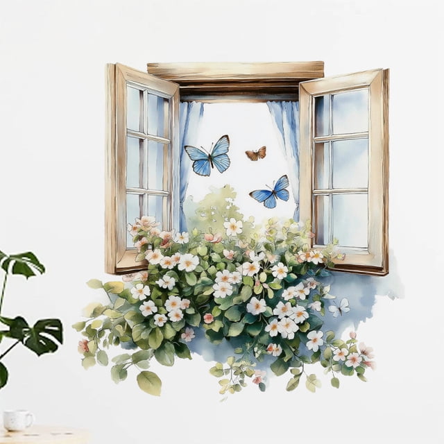 Adhesivo de pared de PVC con mariposas y flores, imitación de ventana, 30 x 60 cm
