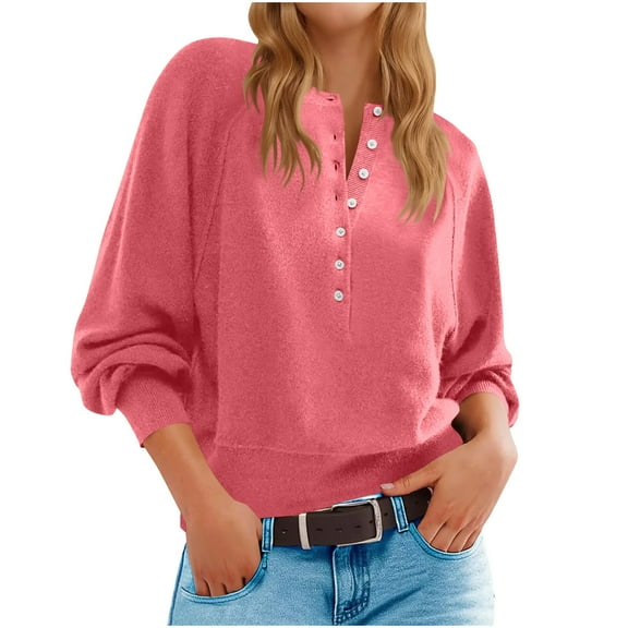 ZUKMRJPC Women's Half Button Down Sweaters Long Sleeve Casual Crewneck Solid Color Pullover Sweaters Fall Trendy Loose Knit Tops